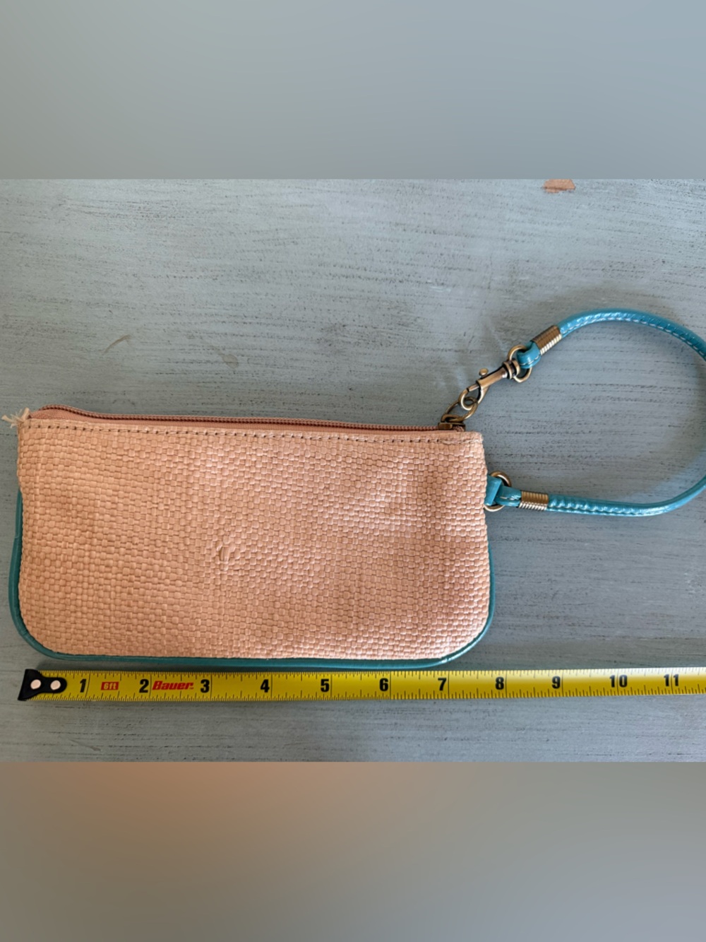 Tan Wristlet Clutch with Teal Trim